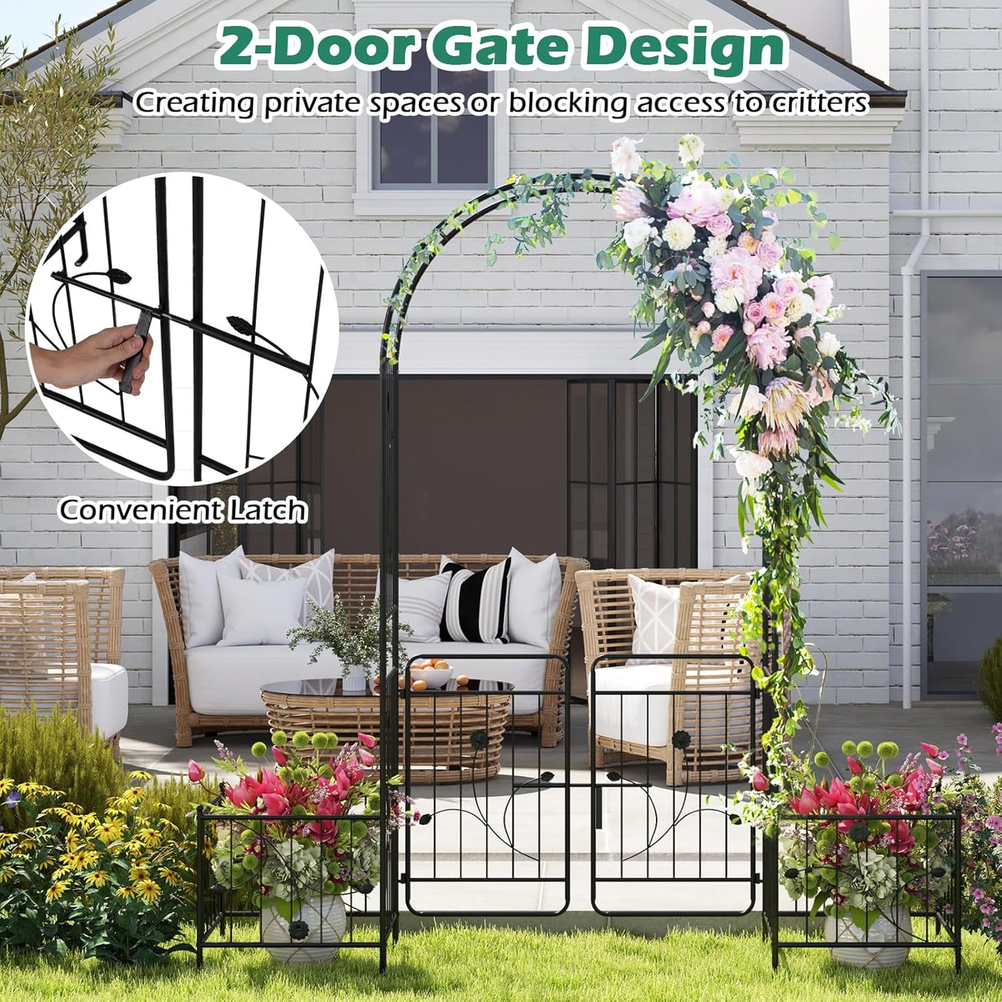 Giantex Garden Arch with Planter - 86 inch Metal Garden Arbor with Gate, Arch Trellis for Climbing Plants Rose, Wedding Archway Pergola for Lawn Patio Bridal Party Decoration