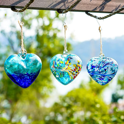 Set of 3 Handmade Glass Heart Ornaments 3.9 Inch Blue Friendship Heart Decor for Garden Home Centerpiece