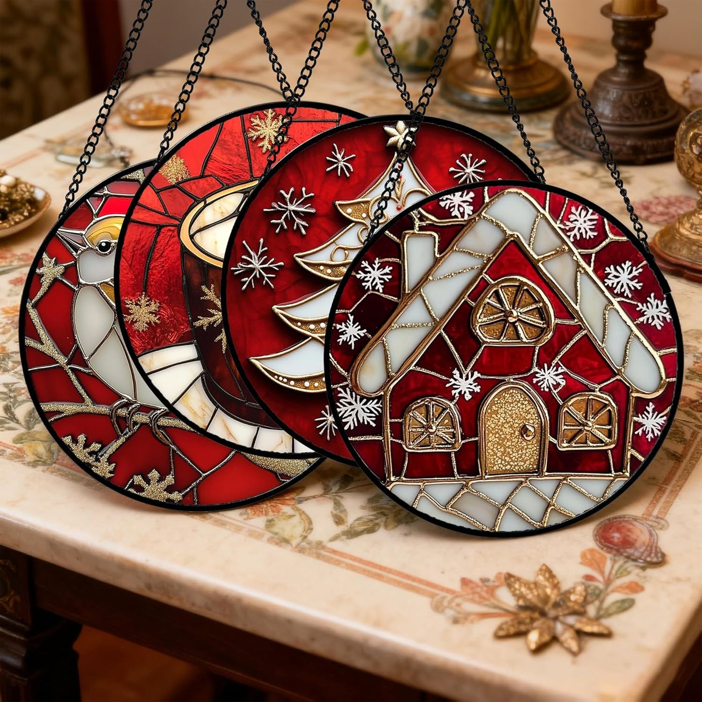 Stained Glass Window Hanging 4 Pcs Set Red Christmas Themed Decorations Large 15" - Suncatcher Door Garden Sun Catcher Decor Birthday New Year for Mom Woman Nana Men