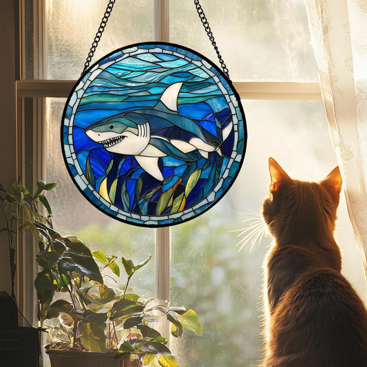 Stained Glass Suncatcher, Blue Ocean Big Shark Sun Catcher Waterweed Stain Glass Window Hanging