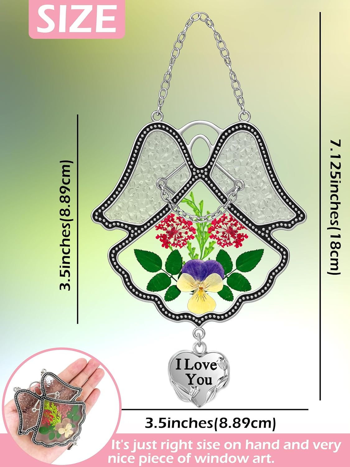 KY&BOSAM Angel Suncatcher I Love You Stained Glass Panels Suncatcher for Window Hanging Wind Chime with Pressed Flower and Metal Trim Sister Heart Charm Birthday Gift for Mom Mothers Day Christmas