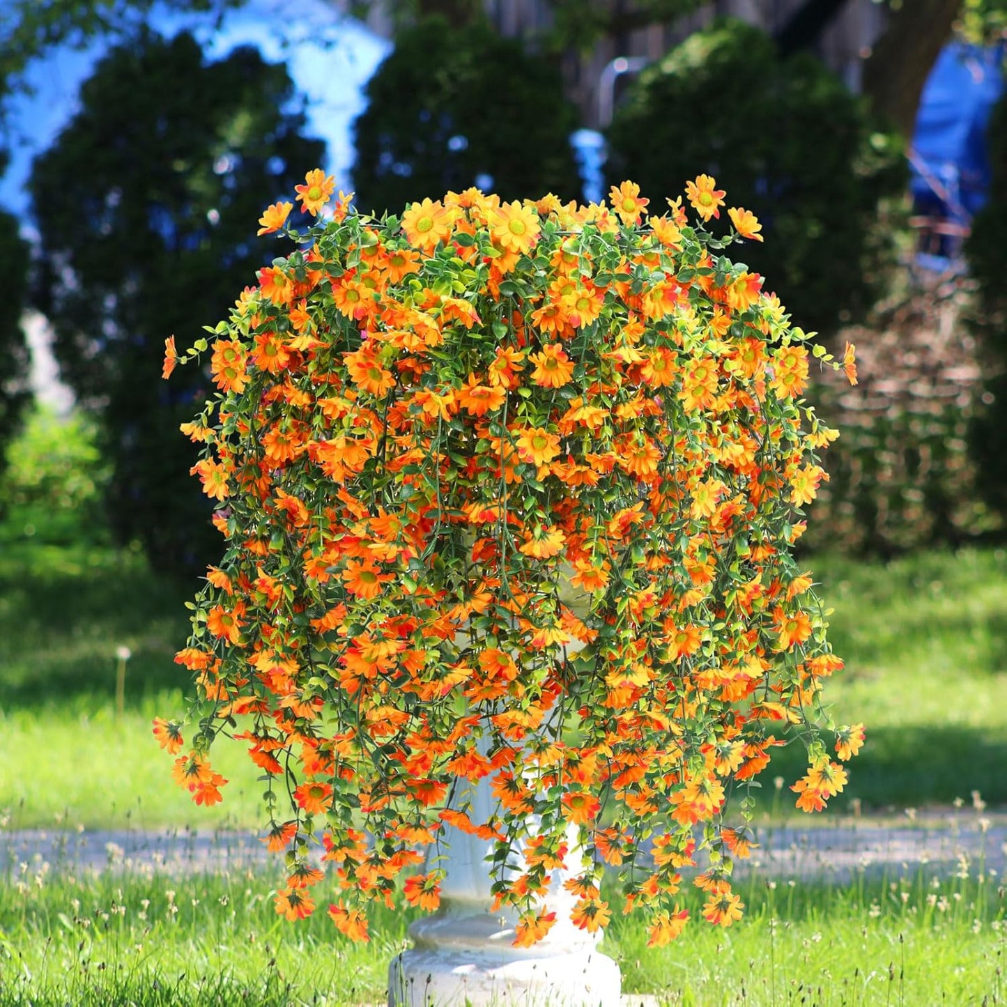 6 Pcs Artificial Fall Hanging Flowers Outdoor Silk Mum Plants Autumn Decor Faux Violet with Eucalyptus Realistic UV Resistant Trailing Vine Thanksgiving Porch Yard(Orange,Chamomile)