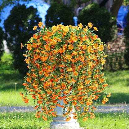 6 Pcs Artificial Fall Hanging Flowers Outdoor Silk Mum Plants Autumn Decor Faux Violet with Eucalyptus Realistic UV Resistant Trailing Vine Thanksgiving Porch Yard(Orange,Chamomile)