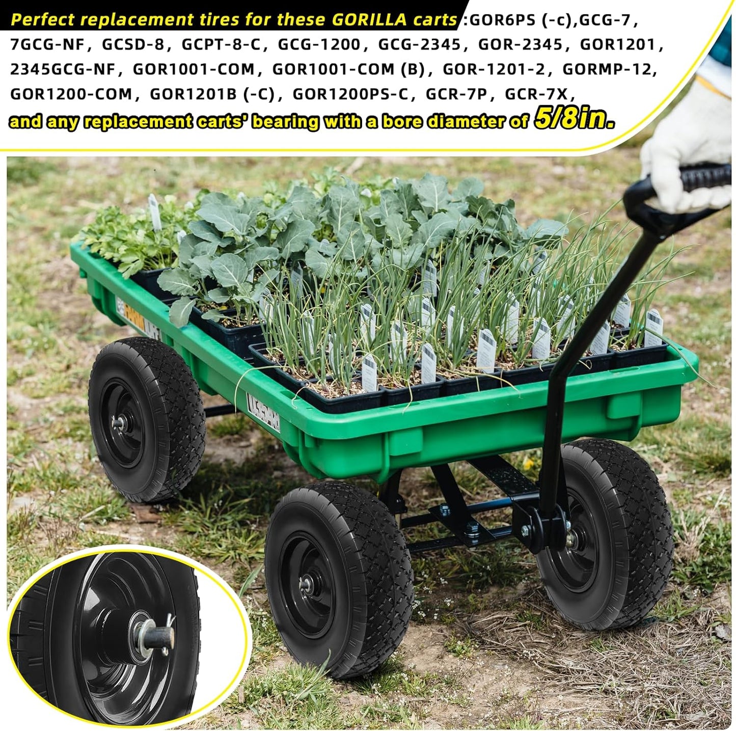 12'' Flat Free Tires Rubber Replacement Solid Tire, 2.1" Offset Hub Wheel Assemblies for Garden Cart Wheelbarrow, 3.5" Wide Polyurethane Tires with 5/8 Inch Axle Bore Hole (410/350-6)