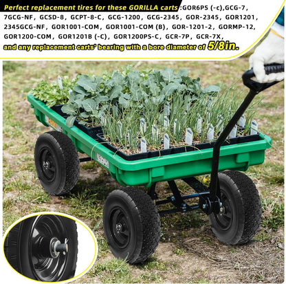 12'' Flat Free Tires Rubber Replacement Solid Tire, 2.1" Offset Hub Wheel Assemblies for Garden Cart Wheelbarrow, 3.5" Wide Polyurethane Tires with 5/8 Inch Axle Bore Hole (410/350-6)