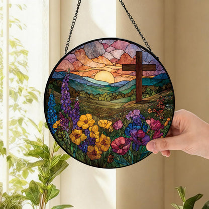 Wildflowers and Crosses Suncatcher -7.9 in Stained Glass Window Hanging Sun Catcher Garden Decor