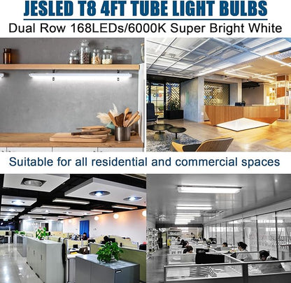 JESLED 4FT LED T8 Type A+B Tube Lights, 24W(65W Equivalent), 3200LM, 6000K, Single or Double End Powered, Plug and Play or Ballast Bypass, 4 Foot T10 T12 Fluorescent Bulbs Replacement, Clear(4-Pack)