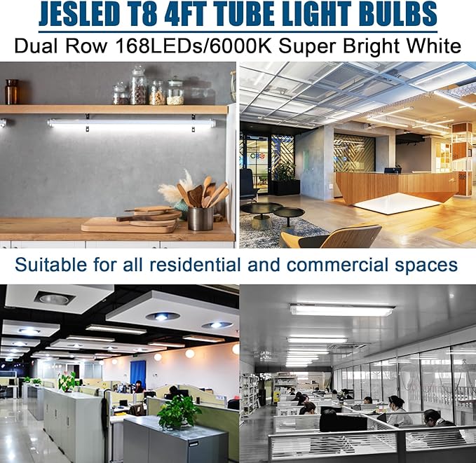 JESLED 4FT LED T8 Type A+B Tube Lights, 24W(65W Equivalent), 3200LM, 6000K, Single or Double End Powered, Plug and Play or Ballast Bypass, 4 Foot T10 T12 Fluorescent Bulbs Replacement, Clear(12-Pack)