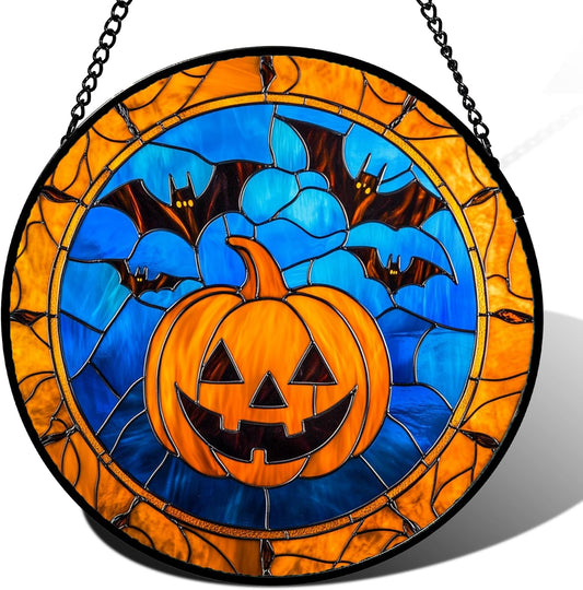 Stained Glass Window Hanging - Halloween Evil Pumpkin Suncatcher for Doors Window Garden Indoor