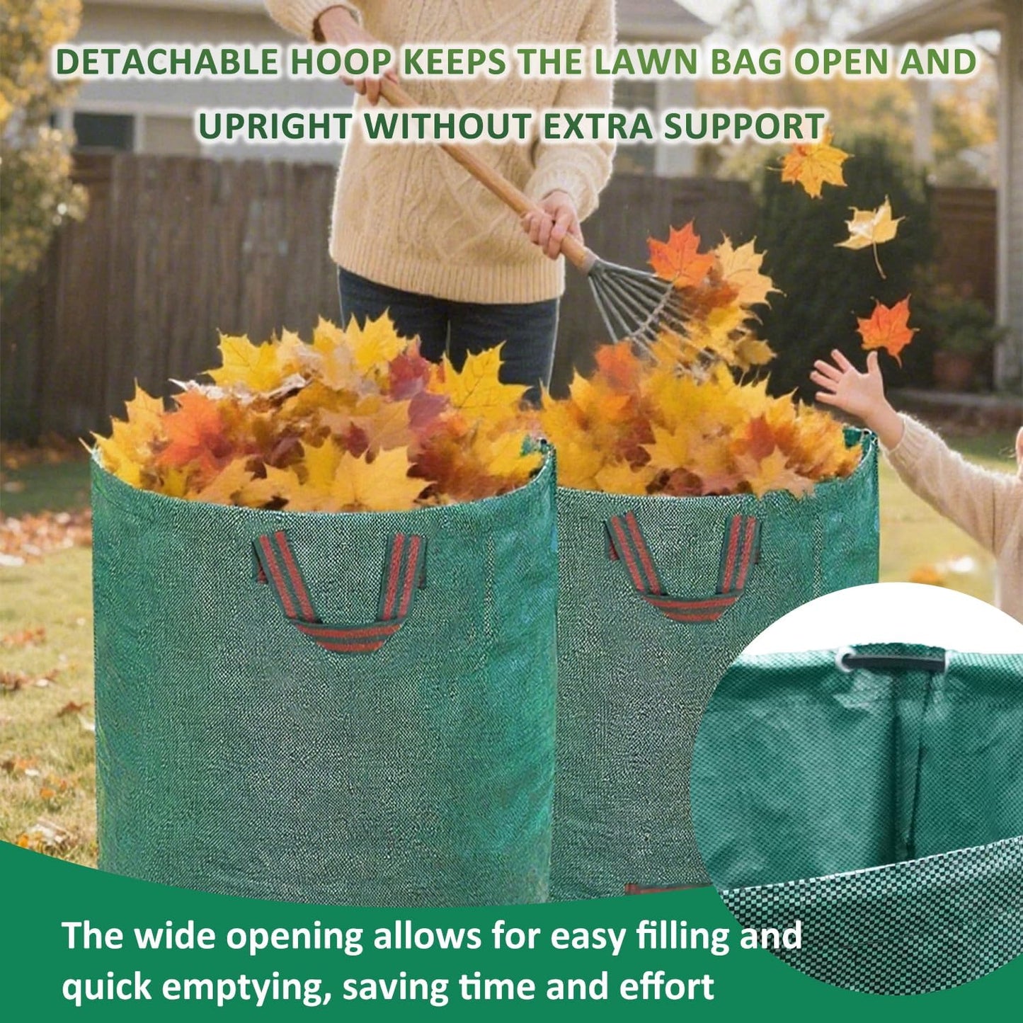 Hugeleaf Reusable Leaf Bags 42 Gallon with Reinforced Handles, 3 Pack Collapsible Lawn Bags with Plastic Hoops, Stand Up Yard Waste Bin for Leaves, Lawn Debris Collection