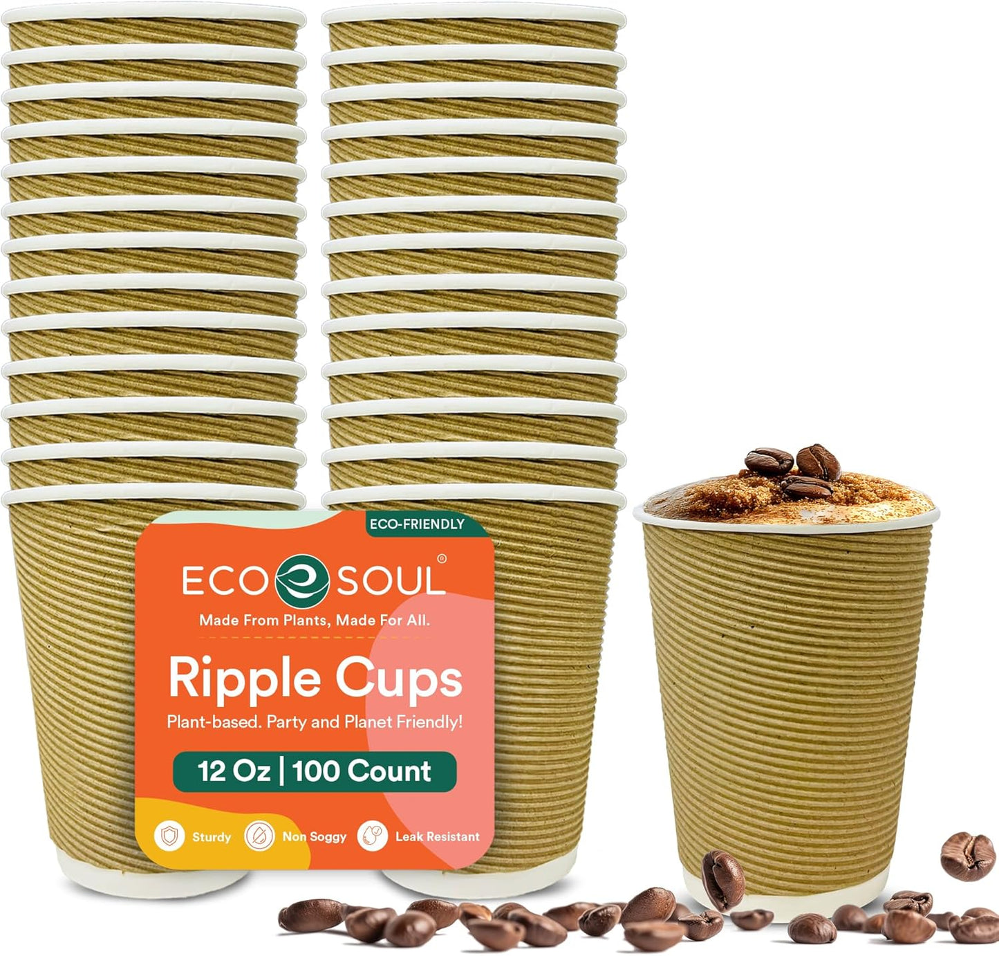ECO SOUL 12oz Compostable Ripple Cups (100 Pack) – Biodegradable Paper Cups, Non-Toxic Disposable Cups for Hot Drinks, To-Go Coffee Cups, Eco-Friendly & Ripple Paper Cups