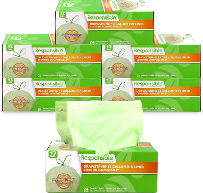 Responsible Products Kitchen Bin Liners, Certified Compostable, Heavy Duty Multipurpose Food Scrap Bags, Made from Compostable Materials (13 Gallon, 13 Gallon (120 Count))