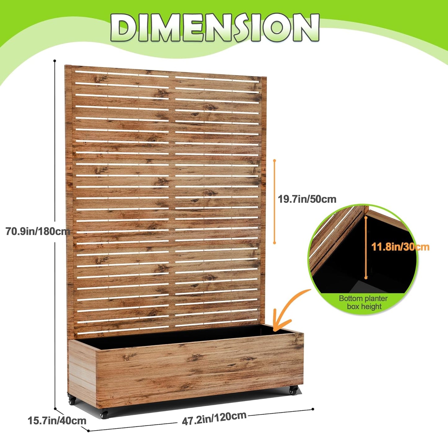 15.7"×70.9"×47.2" Metal Raised Garden Bed with Trellis and Wheels - Tall Trellis Planter Box for Climbing Plants, Vegetables & Vines - Outdoor Privacy Planters for Patio (Natural Wood Grain)