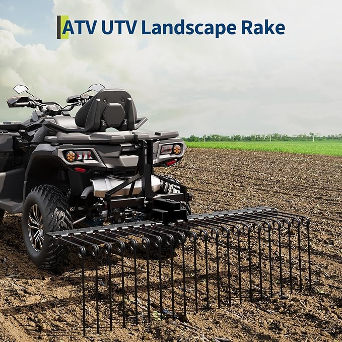 48 in Durable Pine Straw Rake Steel Spring Landscape Rake Fits 2 in Receiver for Lawn Tractors or ATV/UTV, Black