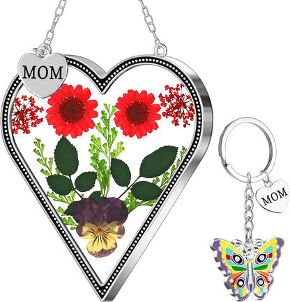 KY&BOSAM Heart Suncatcher for Windows Hangings Mom Stained Glass Butterfly Suncatchers Pressed Flower Between Heart in Glass and Metal Charm Gifts for Mom Mother's Day Valentine's Birthday Christmas