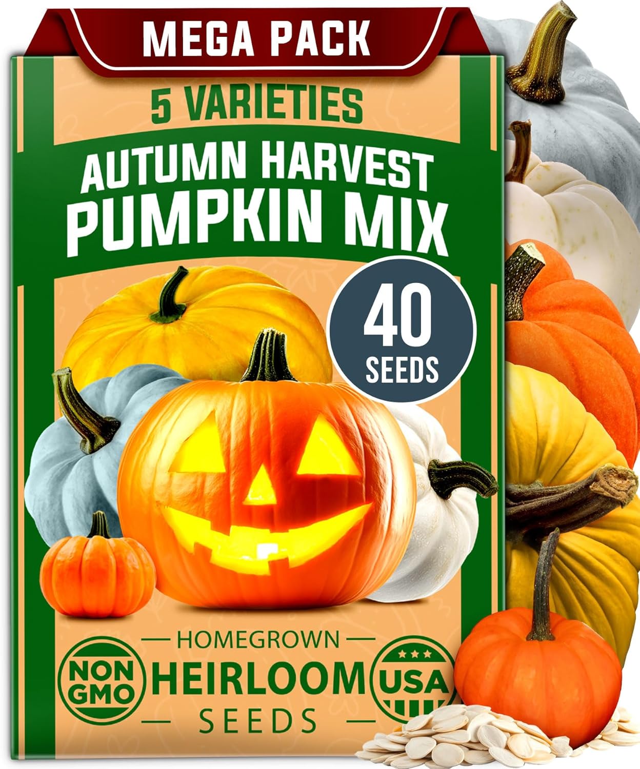 HOME GROWN 𝗨𝗦𝗔 𝗣𝗥𝗘𝗠𝗜𝗨𝗠 5 Pumpkin Seeds Mix - 40 Seeds 𝗡𝗢𝗡-𝗚𝗠𝗢 Heirloom Pumpkin for Planting Ideal Garden for Unique Varieties Yellow Paris and Casper, Culinary and Decorative Use
