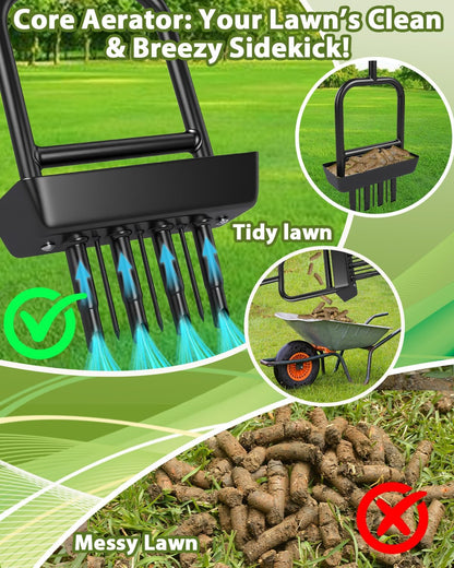 2-in-1 Manual Lawn Aerator Tool with Soil Core Storage Tray - 41.3" Heavy Duty Carbon Steel Garden Core Aerator Lawn Tool- Multifunctional Spike & Plug Aerator for Compacted Soil(Black + Orange)