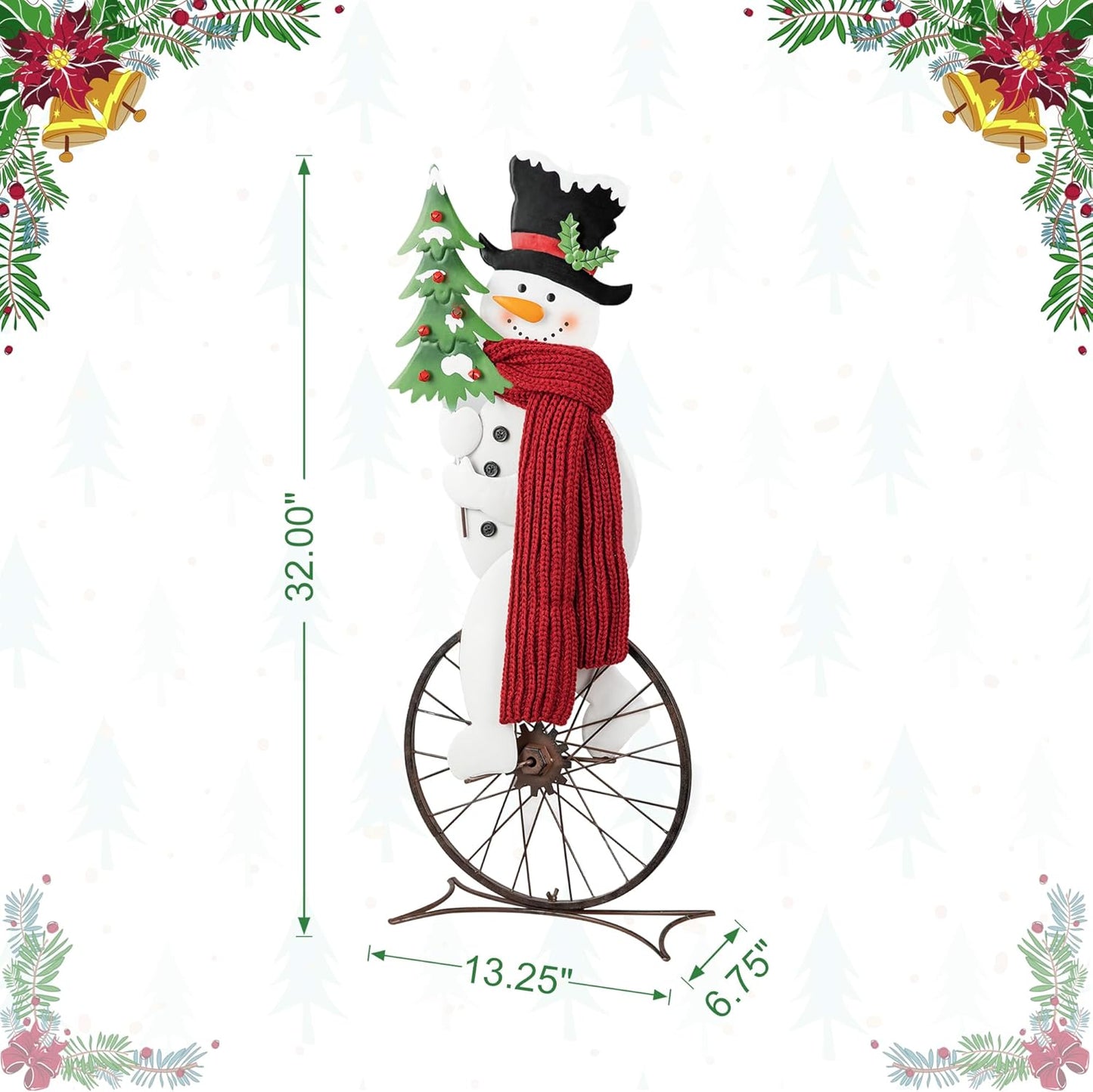 Glitzhome 32”H Metal Snowman Porch Décor Bike Wheel Cute Snowman with Red Scarf Hat Christmas Tree Garden Yard Porch Sign Indoor Outdoor Christmas Decorations