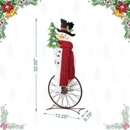 Glitzhome 32”H Metal Snowman Porch Décor Bike Wheel Cute Snowman with Red Scarf Hat Christmas Tree Garden Yard Porch Sign Indoor Outdoor Christmas Decorations