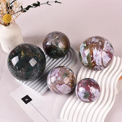 JIC Gem Natural Ocean Jasper Crystal Sphere Crystal Decorative Ball with Wooden Stand Meditation Balls for Witchcraft Reiki Healing Gift 60-70mm
