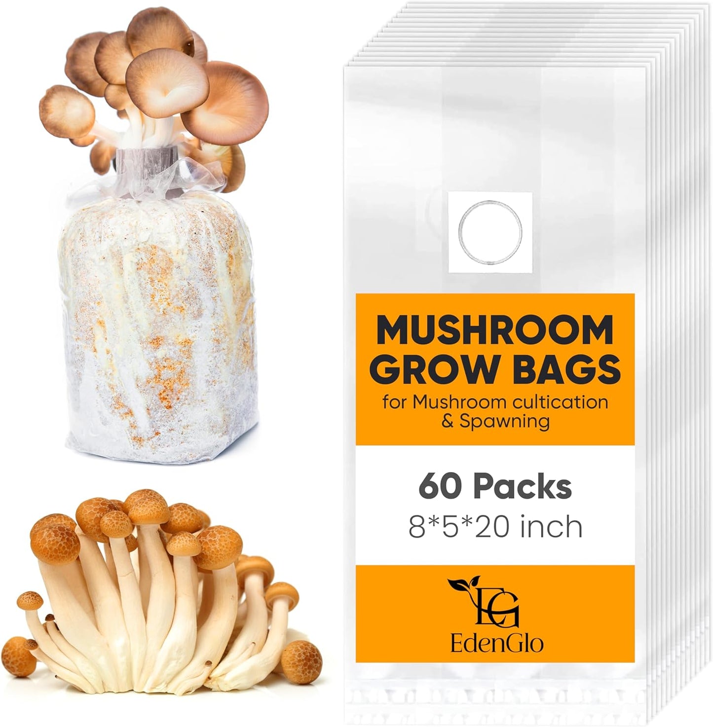60 Packs Mushroom Grow Bags 8"x5"x20", Durable Mushroom Spawn Bags with 0.5 Micron Filter Patch, Large Growing Bags for Substrates, Tear & Heat Resistant up to 338°F