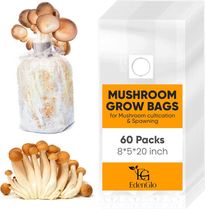 60 Packs Mushroom Grow Bags 8"x5"x20", Durable Mushroom Spawn Bags with 0.5 Micron Filter Patch, Large Growing Bags for Substrates, Tear & Heat Resistant up to 338°F