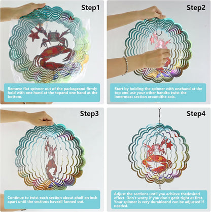 Crab 3D Wind Spinner Kinetic Metal Art Hanging Wind Spinner Outdoor Decoration Ocean Ornaments Decor for Yard and Garden