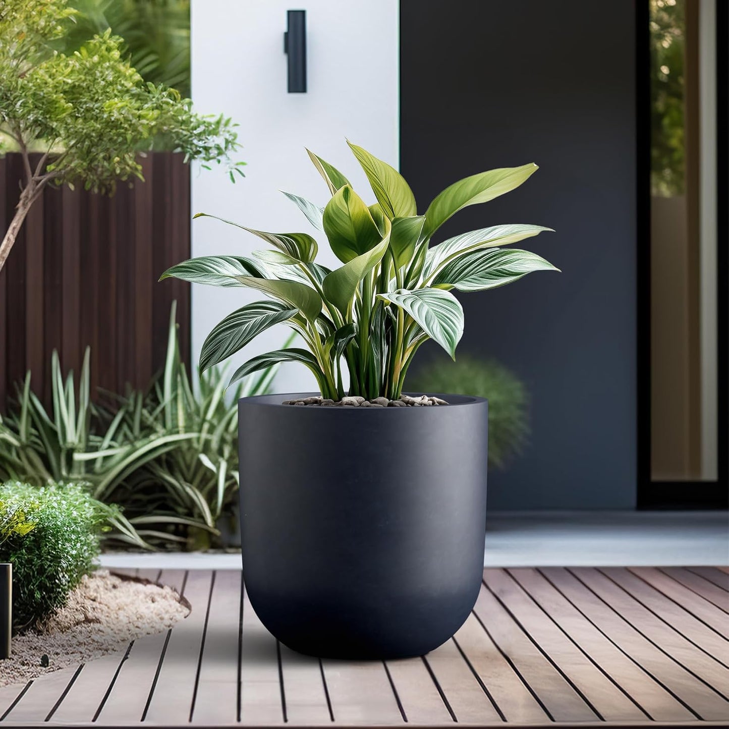 Kante 16.5" Round Concrete Planter, Large Cylinder Plant Pot with Curved Bottom and Drainage Hole, for Indoor and Outdoor Use – Garden or Patio, Charcoal Finish with Warm Brown Interior