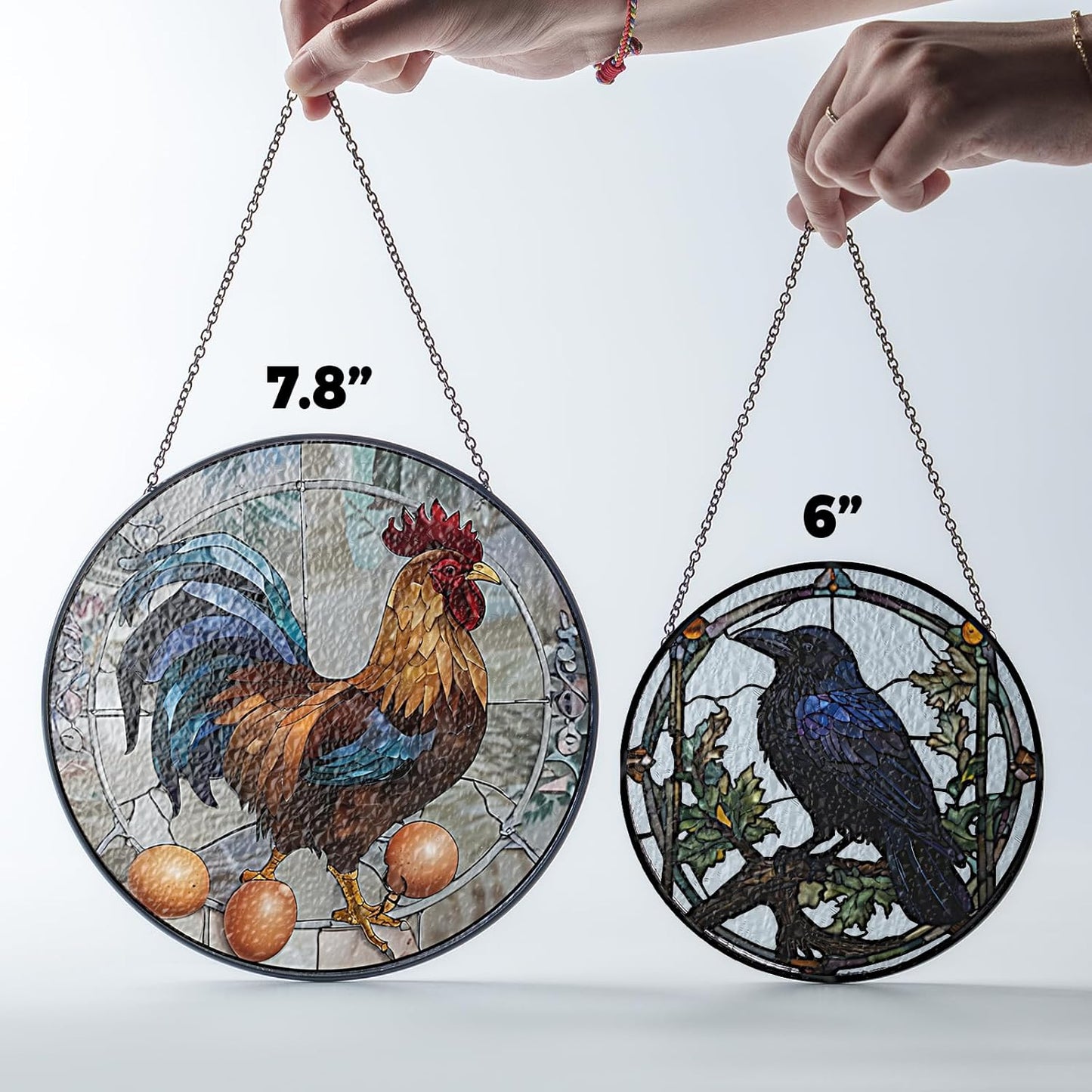 6" Rooster and Eggs Stained Glass Suncatcher Art Glass Cock Eggs Sun Catcher Indoor Window Gift for Pet Farmhouse Animal Nature Lover Women Grandma Mom Friend Panel Décor ANI-03A-SG6