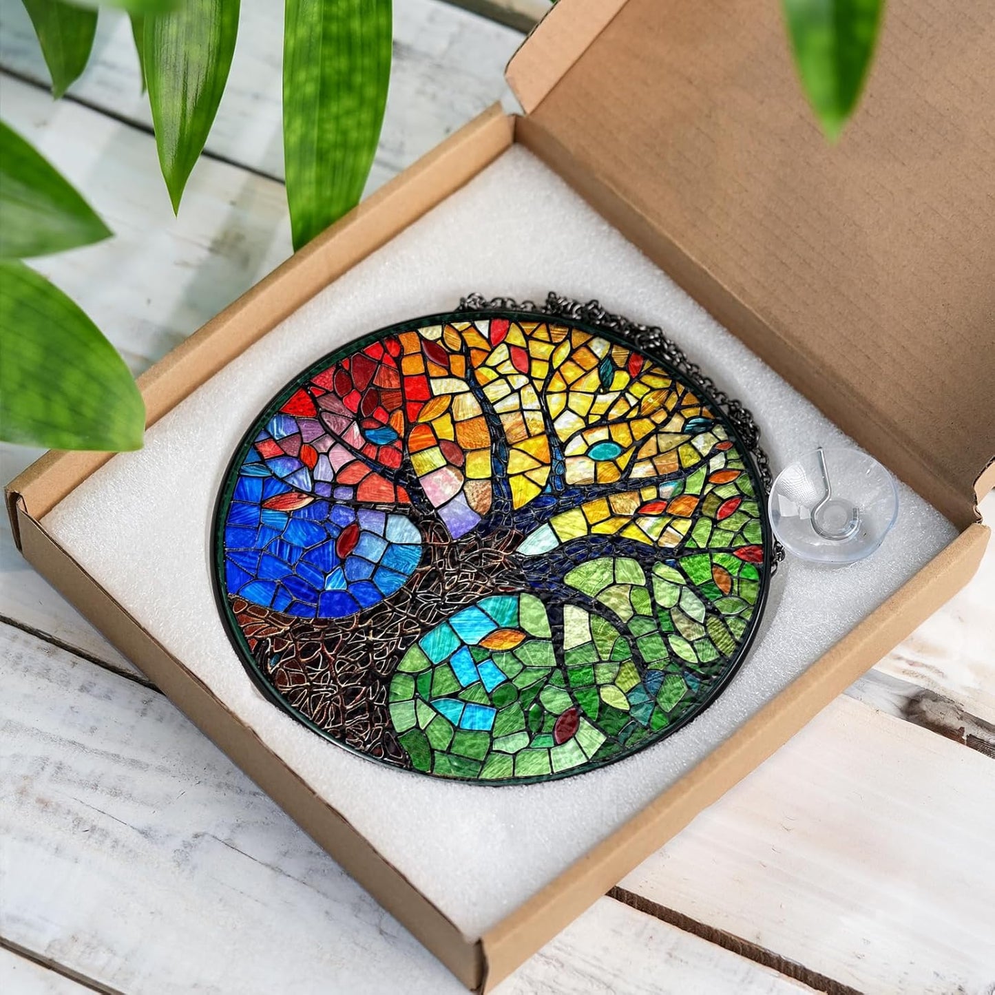 7.8" Tree of Life Stained Glass Suncatcher, Colorful Tree Sun Catcher Window Hanging Ornament, Glass Panel Decor for Home Garden Housewarming, Spiritual Birthday Gifts for Mom Women Girl ART-58E-SG8
