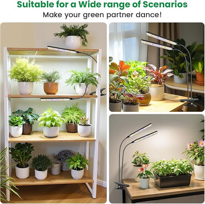 Grow Lights for Indoor Plants, 2 Head 114 LED Full Spectrum Clip on Plant Lights for Indoor Growing with 6/12/16H Timer, 5 Dimming, 3 Light Mode, Black Gooseneck Grow Lamp