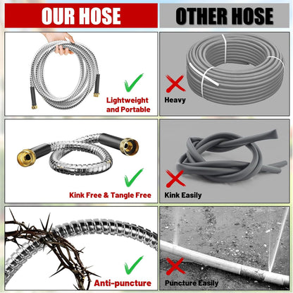Garden Hose 75 ft, Stainless Steel Metal Water Hose 75 Feet with Nozzle, Flexible, Rust Proof, No-Kink, Heavy Duty, Leakproof 3/4 in Fittings, Lightweight Metal Hose, BT75S Model