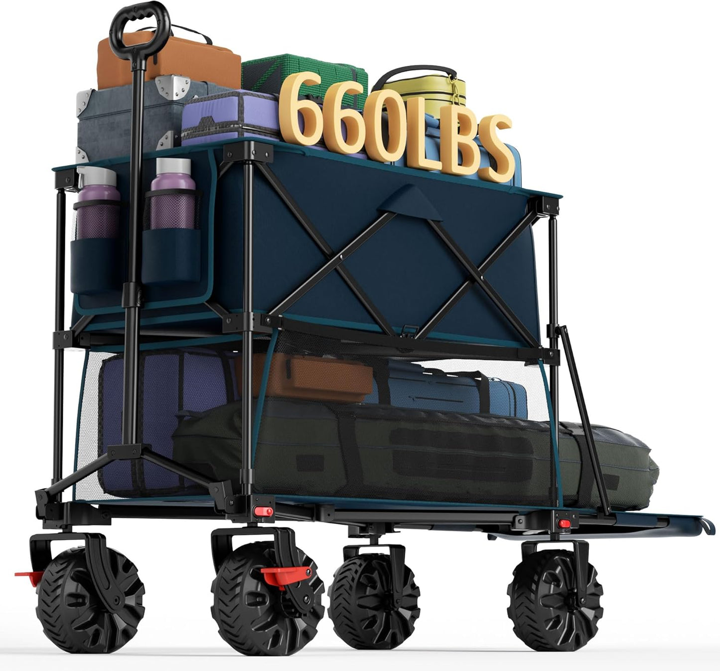 Portal Collapsible Large Double Decker Wagon with Brakes, 660lb Foldable Heavy Duty Utility Wagon Cart, 400L All-Terrain Big Wheels & 54" Extra Long Extender for Sports, Camping & Outdoor Use