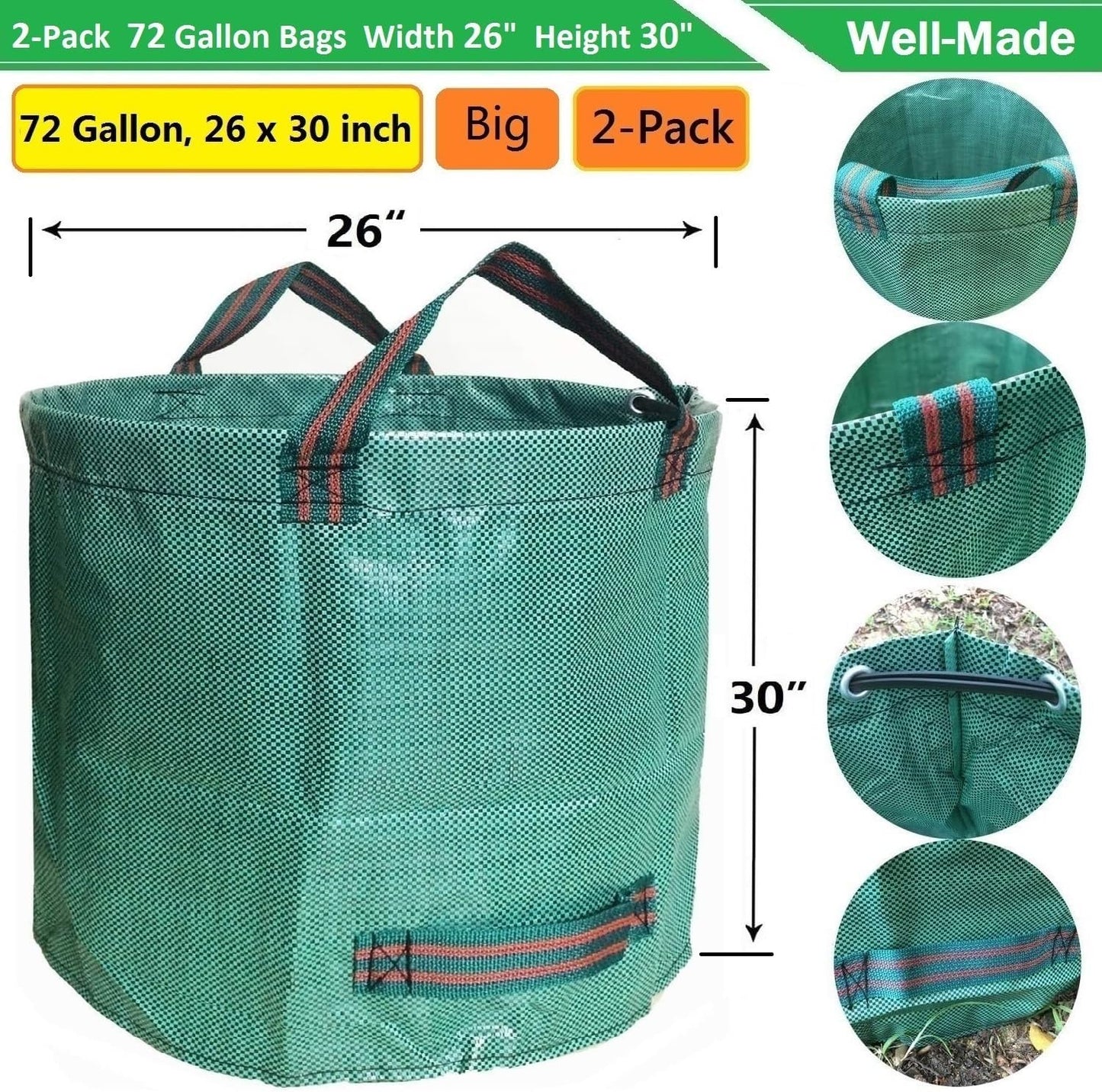 Professional 2-Pack 72 Gallon Large Yard Garden Bags (D26, H30 in) with Gardening Gloves for Yard Waste,Leaf Bag,Lawn Debris Bag,Camping Trash Container,Recycle Bin,Grass Clippings,Weed Bags 4 Handles