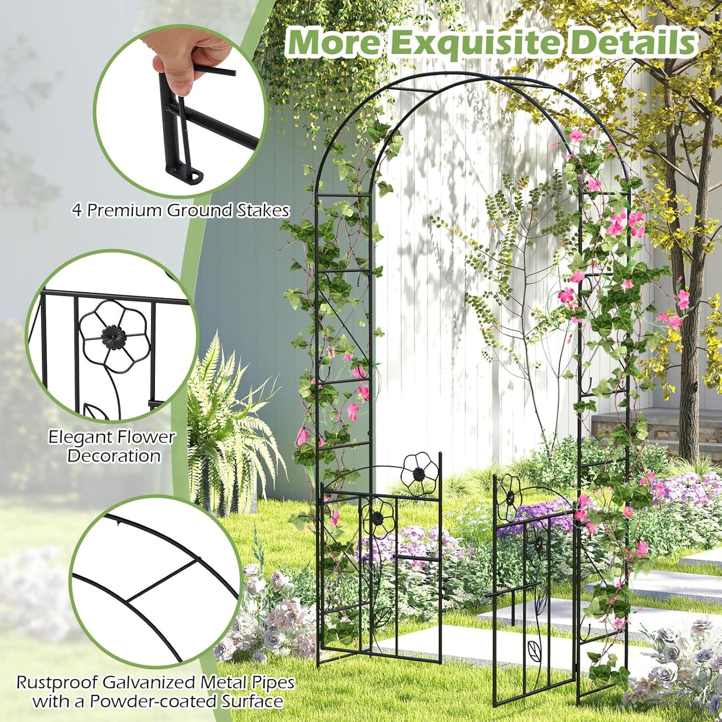 Giantex Garden Arbor with Gate, 7.5FT Metal Arch Trellis for Climbing Plants Rose Ivy, Archway Pergola with Flower Door, 4 Stakes, Garden Arch for Wedding Ceremony Bridal Party Decoration