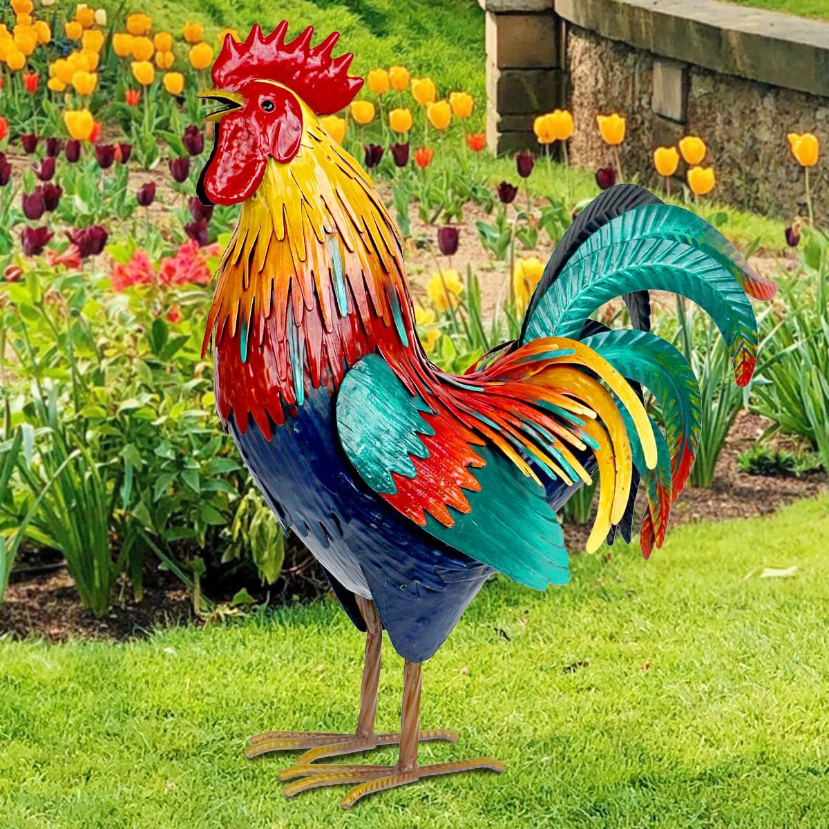 Kircust Metal Rooster Garden Statue Outdoor Decor Yard Art Chicken Decoration for Home Patio Lawn Backyard Farmhouse Kitchen