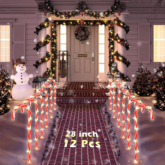COOLWUFAN 28" Christmas Candy Cane Pathway Markers, Set of 12 Pack Christmas Outdoor Decorations Pathway Lights with 72 Warm Lights for Christmas Holiday Party Walkway Patio Garden Yard Lawn Decor