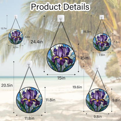 Stained Glass Window Hanging - Iris Birth Flower Suncatcher for Doors Garden Yard Purple Blue Sun Catchers Decor Christmas Mother's Day Birthday Gifts for Teacher Women Mom Nana 6.3 in