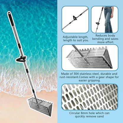 Sand Flea Rake Set, Sand Sifter for The Beach, Stainless Steel Shark Tooth Sifter, with 16" Width Basket Metal Detecting Tool with Anti Slip Handle for Collecting Seashells