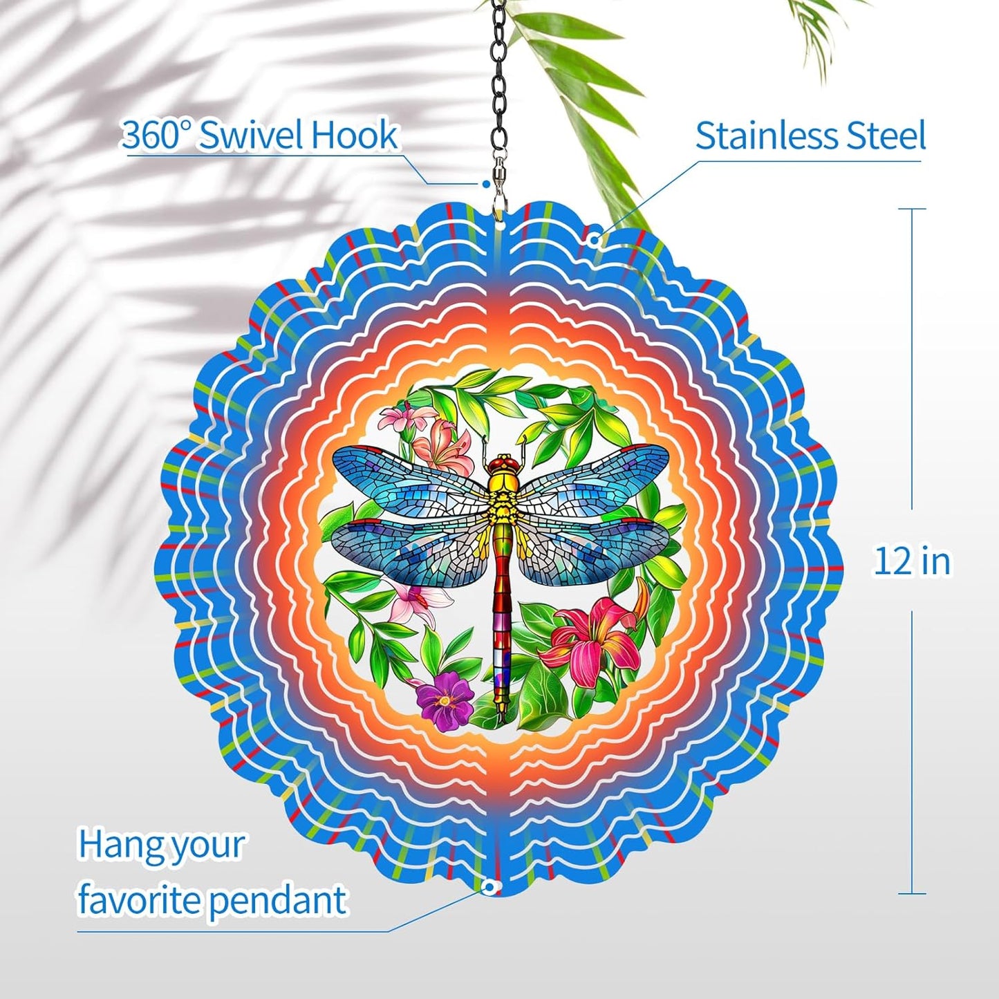 Dragonfly Wind Spinners Garden Decor as Birthday Gifts for Women Mom,12 inch 3D Stainless Steel Hanging Wind Spinner Metal Catchers Kinetic Sculpture for Outdoor Decor, Patio,Yard Decorations