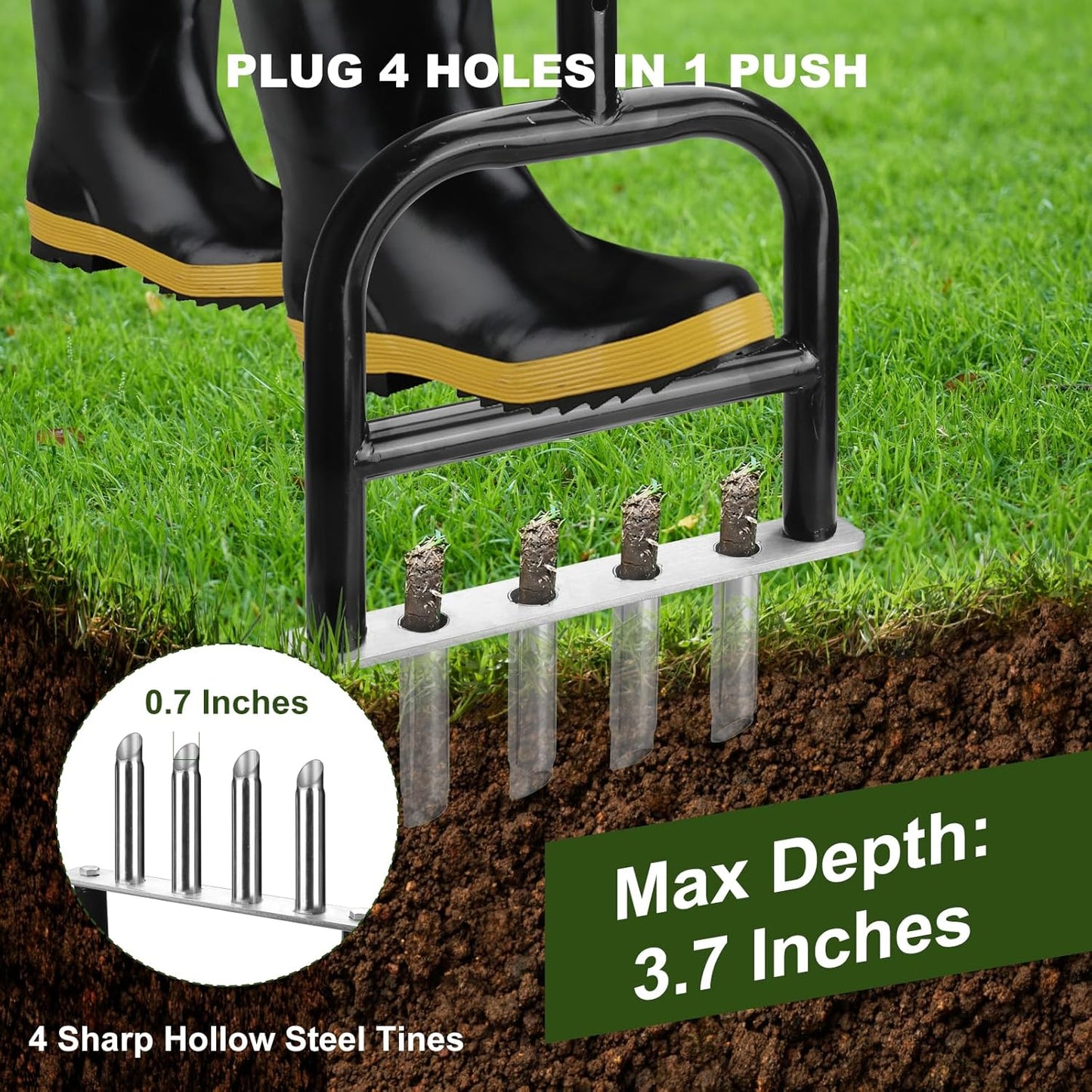 Lawn Core Aerator Tool Coring Grass Aerator Lawn Tool 4 Hollow Tines for Efficient Aeration Heavy Duty Steel Manual Plug Aerator for Lawn Care/Yard Soil Loosening/Grass Maintenance