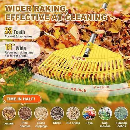 Garden Rake for Leaves - Extra Wide 18" Leaf Rake,Lightweight Long Handle for Women Seniors Kids Effortless Clean-Up,23 Non-Clog Flexible Tines for Lawn-Friendly,51” Adjustable Plastic Rakes for Yard