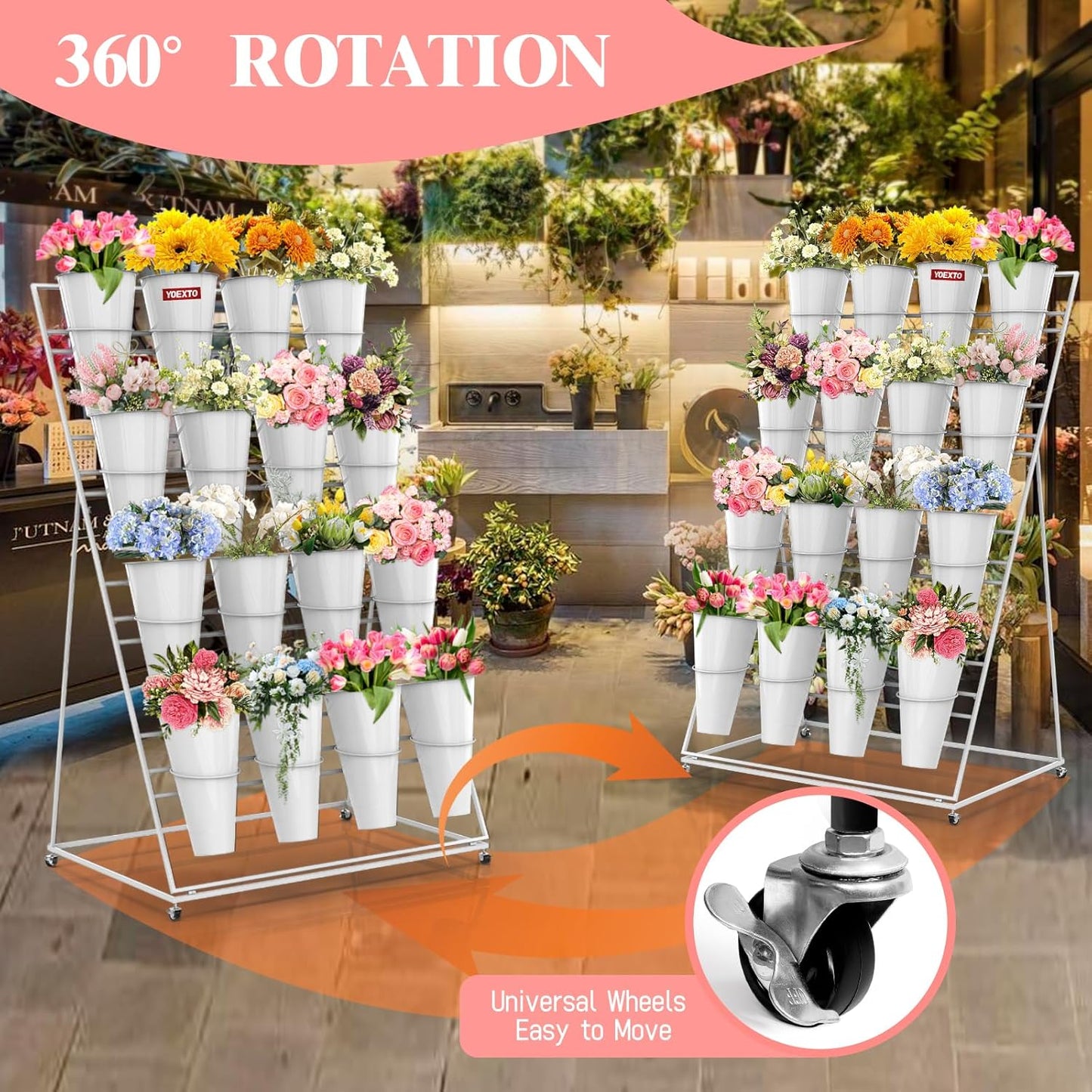 Flower Display Stand with Buckets, 4 Layers 16 PCS Buckets Plant Stand with Wheels, Movable Metal Plant Stand for Terrace Garden, Living Room, Florist Shop (White Frame - White Buckets, 4-Tier)