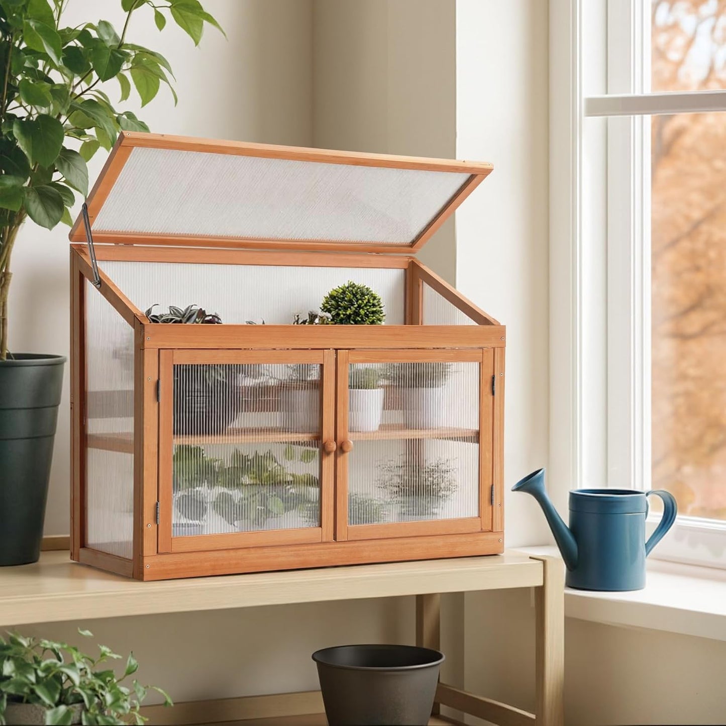 MCombo 2-Tier Wooden Cold Frame Garden Greenhouse Raised Flower Planter Shelf Bed Protection 6057-0160 (Orange)
