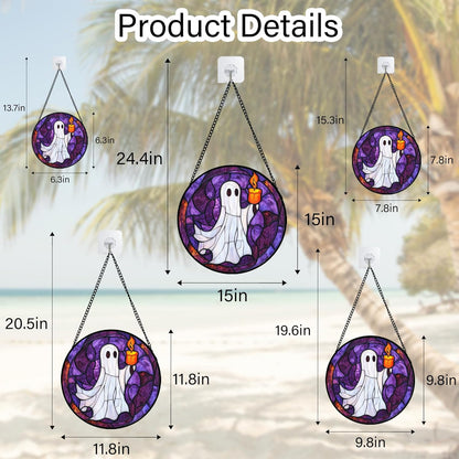 Stained Glass Window Hanging - Halloween Decorations Ghost Suncatcher for Doors Garden Indoor Spooky Funny Purple Sun Catchers Gothic Decor Horror Gifts for Women Men Friend 9.8 in