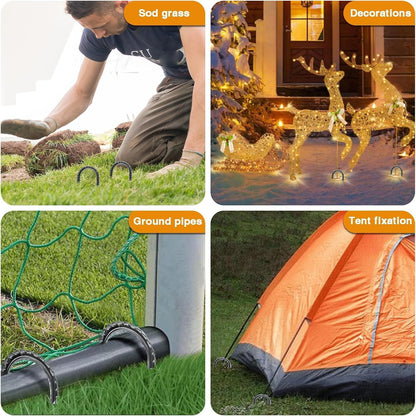 12 Inch Rebar Stakes Heavy Duty, 6 Pack Garden Stake U-Hook, Electrostatic Rust Proof Metal Stakes for Tent, Landscape,Outdoor Decorations, Fabric Ground Cover, Tube Fixing (Black, U-12in-6pc)