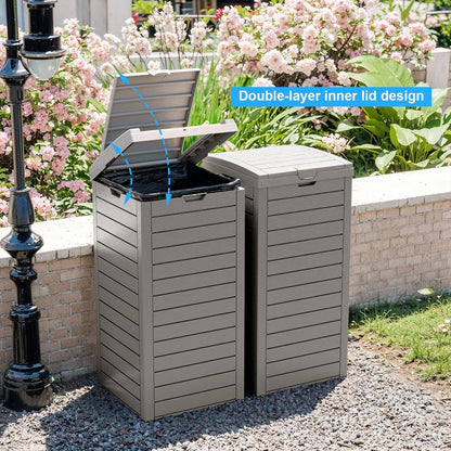 Outdoor Trash Can with Lid, Outdoor Trash Bin & Pull-Out Liquid Drawer, Dual Lid Closure Design, Waterproof Resin Garbage Can Container for Patio, Backyard, Deck (Grey, 31 Gallon)