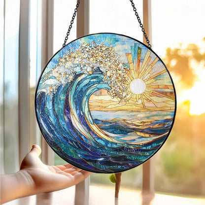The Ocean Waves and The Sunrise Suncatcher -7.9 in Stained Glass Window Hanging Sun Catcher Garden Decor