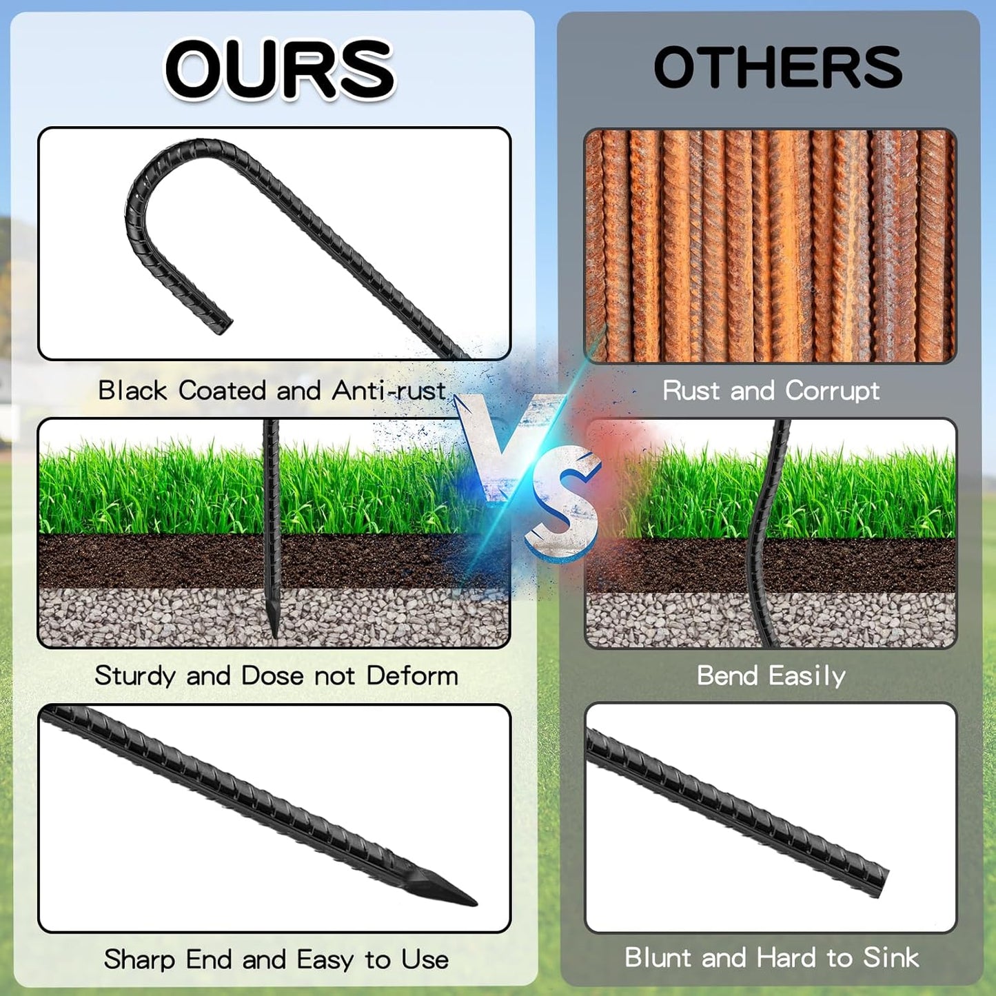 Black Rebar Stakes 16inx10mm Galvanized J Hook 8pcs – Heavy Duty Ground Tent Stakes for Fence,Bounce House,Outdoor Plants,Artificial Turf,Dog Coop,Metal Stakes for Christmas Decorations