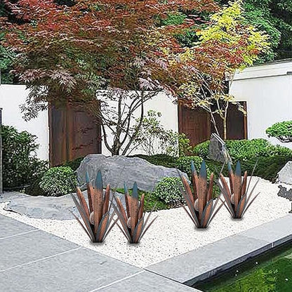 2 PCS Metal Agave Sculpture Decoration, Vintage Country Hand-Painted Sculpture DIY Metal Agave Plant, Home Garden Courtyard Lawn Outdoor Decoration (2PCS-LED)